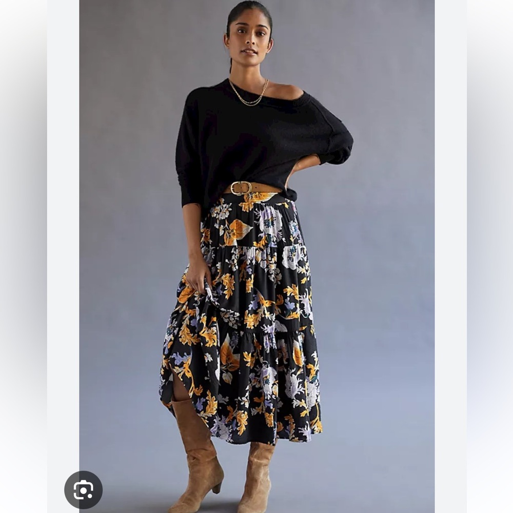Anthropologie Black Floral Tiered Midi Skirt with Mustard and Lavender Blooms